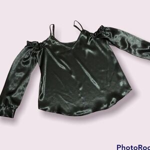 Ana Holiday Sage Green Shiny Cold Shoulder Blouse Medium Party Christmas